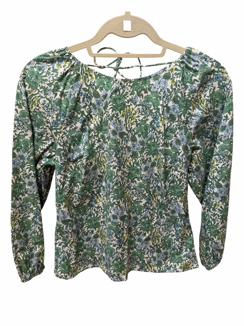 💚 J. CREW Green Floral Long-Sleeve Tie-Back Blouse